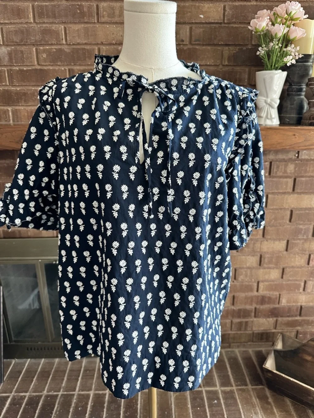 J.Crew Navy Blue Embroidered Floral Tie Neck Ruffle Top Size Large Cottagecore